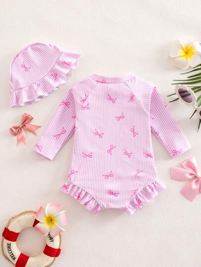 SHEIN Newborn Baby Beach Vacation Style Bow Striped Print Half Zip Front Ruffle Hem One-Piece Swimsuit With Swim Cap