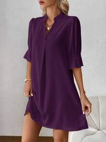 SHEIN Clasi 女士纯色短袖立领休闲短款迷你连衣裙 - 紫色 - 查看 3