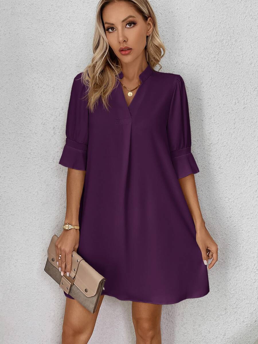 SHEIN Clasi 女士纯色短袖立领休闲短款迷你连衣裙 - 紫色 - 查看 1
