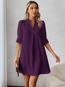 SHEIN Clasi 女士纯色短袖立领休闲短款迷你连衣裙 - 紫色 - 查看 4