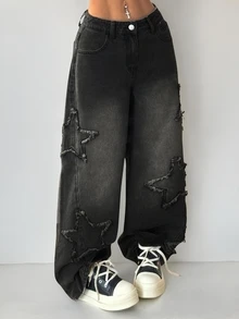SHEIN PETITE 小碼女款休閒百搭日常牛仔褲，附口袋、鈕扣與拼接設計，秋季女式休閒外出牛仔褲 - 黑色 - 查看 4