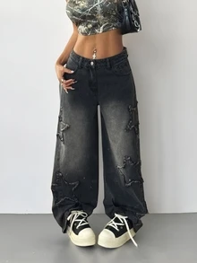 SHEIN PETITE 小碼女款休閒百搭日常牛仔褲，附口袋、鈕扣與拼接設計，秋季女式休閒外出牛仔褲 - 黑色 - 查看 6