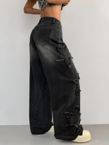 SHEIN PETITE 小碼女款休閒百搭日常牛仔褲，附口袋、鈕扣與拼接設計，秋季女式休閒外出牛仔褲 - 黑色 - 查看 2