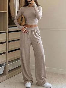 SHEIN EZwear 米色針織女款圓領長袖T恤與長褲套裝，居家旅行秋季休閒穿搭 - 卡其色 - 查看 3