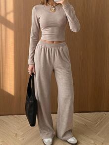 SHEIN EZwear 米色針織女款圓領長袖T恤與長褲套裝，居家旅行秋季休閒穿搭 - 卡其色 - 查看 9