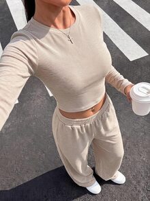 SHEIN EZwear 米色針織女款圓領長袖T恤與長褲套裝，居家旅行秋季休閒穿搭 - 卡其色 - 查看 11