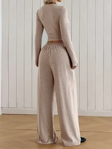SHEIN EZwear 米色針織女款圓領長袖T恤與長褲套裝，居家旅行秋季休閒穿搭 - 卡其色 - 查看 4