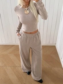 SHEIN EZwear 米色針織女款圓領長袖T恤與長褲套裝，居家旅行秋季休閒穿搭 - 卡其色 - 查看 7