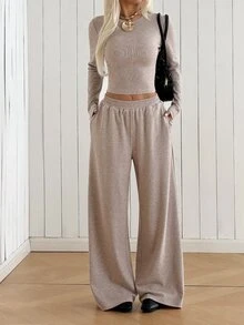 SHEIN EZwear 米色針織女款圓領長袖T恤與長褲套裝，居家旅行秋季休閒穿搭 - 卡其色 - 查看 6