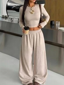 SHEIN EZwear 米色針織女款圓領長袖T恤與長褲套裝，居家旅行秋季休閒穿搭 - 卡其色 - 查看 8