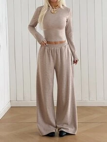 SHEIN EZwear 米色針織女款圓領長袖T恤與長褲套裝，居家旅行秋季休閒穿搭 - 卡其色 - 查看 5