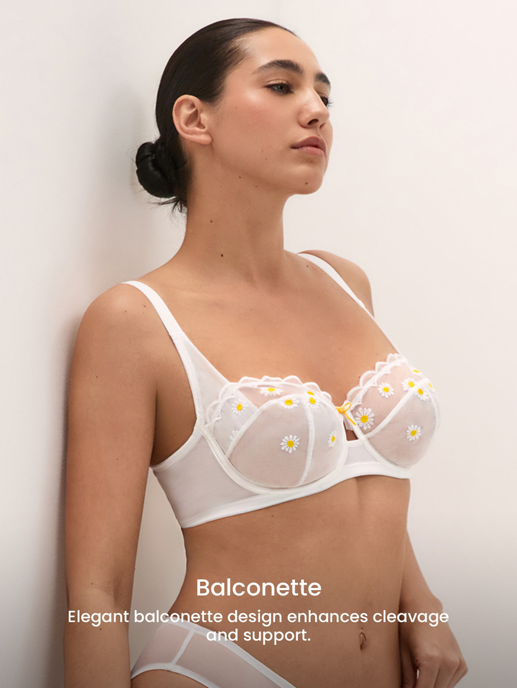 LUVLETTE Daisy Embroidered Lingerie Breathable Balconette Unlined Floral Lace White Sheer Minimizer Bridal Intimates Bra - White - View 4