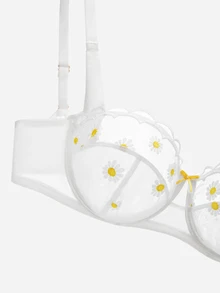 LUVLETTE Daisy Embroidered Lingerie Breathable Balconette Unlined Floral Lace White Sheer Minimizer Bridal Intimates Bra - White - View 7