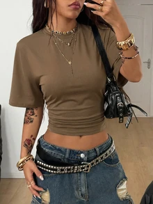 Coolane Women's All-Season Minimalist Daily Wear Casual Stretchy Loose Ruched Crop Tees,White Taupe Burgundy,3pcs Everyday Summer City Break Daytime - Multicolor - View 2