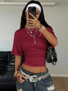 Coolane Women's All-Season Minimalist Daily Wear Casual Stretchy Loose Ruched Crop Tees,White Taupe Burgundy,3pcs Everyday Summer City Break Daytime - Multicolor - View 4