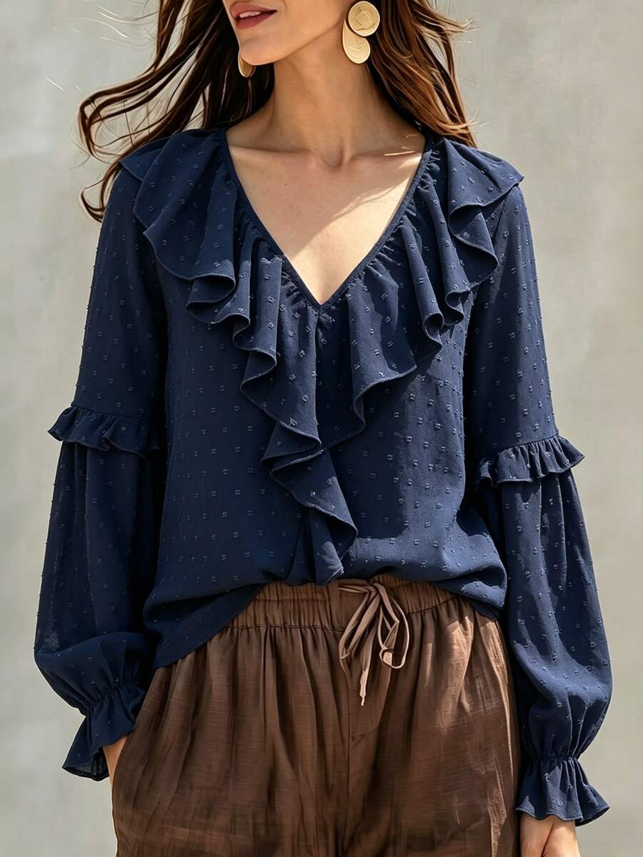 SHEIN Holidaya Women Deep V Neck Layered Ruffle Blouse Swiss Dot Textured Fabric Flared Sleeve Boho Top Shirts Woman Vintage Bohemian Style Vacation Wear