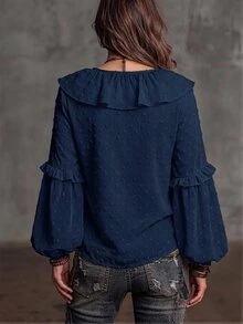 SHEIN Holidaya Women Deep V Neck Layered Ruffle Blouse Swiss Dot Textured Fabric Flared Sleeve Boho Top Shirts Woman Vintage Bohemian Style Vacation Wear - Royal Blue - View 3