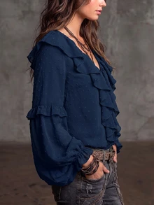 SHEIN Holidaya Women Deep V Neck Layered Ruffle Blouse Swiss Dot Textured Fabric Flared Sleeve Boho Top Shirts Woman Vintage Bohemian Style Vacation Wear - Royal Blue - View 5