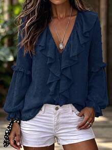 SHEIN Holidaya Women Deep V Neck Layered Ruffle Blouse Swiss Dot Textured Fabric Flared Sleeve Boho Top Shirts Woman Vintage Bohemian Style Vacation Wear - Royal Blue - View 8