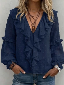 SHEIN Holidaya Women Deep V Neck Layered Ruffle Blouse Swiss Dot Textured Fabric Flared Sleeve Boho Top Shirts Woman Vintage Bohemian Style Vacation Wear - Royal Blue - View 7