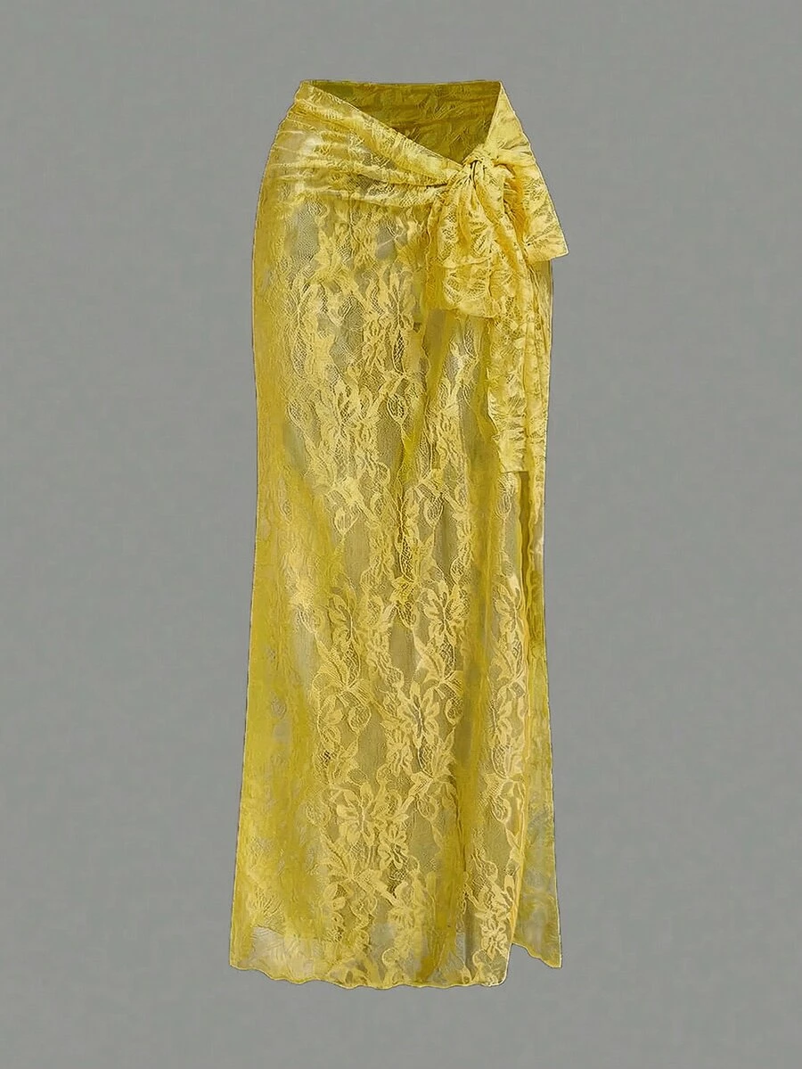 Opulessa Women's Solid Color Summer Vacation Lace Tie-Up Cover Up & Skirt Set Beach - Pale Yellow - View 1