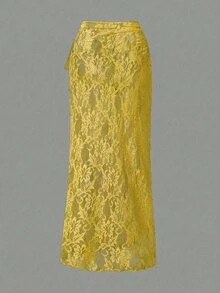 Opulessa Women's Solid Color Summer Vacation Lace Tie-Up Cover Up & Skirt Set Beach - Pale Yellow - View 2