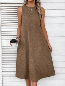 EMERY ROSE Women's Round Neck Invisible Pocket Tank Dress Vacation Brown Summer Casual - Brown - View 5