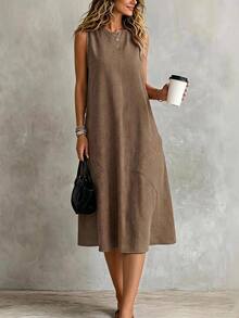 EMERY ROSE Women's Round Neck Invisible Pocket Tank Dress Vacation Brown Summer Casual - Brown - View 2