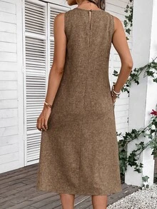 EMERY ROSE Women's Round Neck Invisible Pocket Tank Dress Vacation Brown Summer Casual - Brown - View 6