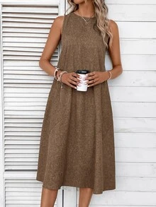 EMERY ROSE Women's Round Neck Invisible Pocket Tank Dress Vacation Brown Summer Casual - Brown - View 4