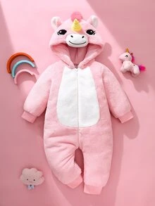 SHEIN 女嬰可愛毛絨3D獨角獸帽子長袖連身衣，返校穿搭秋季粉色可愛款 - 粉色 - 查看 3