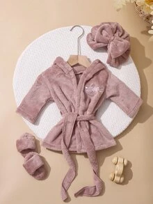 SHEIN 灰粉色秋季趣味圖案家庭套裝 新生女嬰攝影浴袍 浴帽拖鞋 愛心刺繡嬰兒套裝 可愛 - 藕粉色 - 查看 3