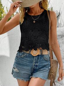 EMERY ROSE Women's Vacation Casual Solid Color Lace Sleeveless Blouse - Black - View 6