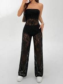 SHEIN EZwear 女士蕾丝抹胸连体裤，性感日常穿着 - 黑色 - 查看 4