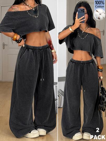 Coolane Women's Summer Casual Streetwear Sport Basic Washed 100Cotton Dirty Loose Off Shoulder Crop T-Shirt And Wide Leg Sweatpants 2pcs Travel Gray