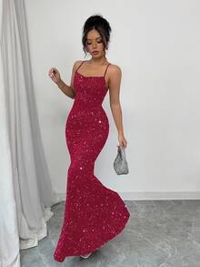 Elenzga Women's Elegant Banquet Glitter Spaghetti Strap Open Back Mermaid Dress, Christmas - Red - View 6