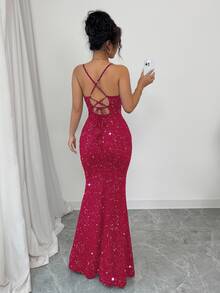 Elenzga Women's Elegant Banquet Glitter Spaghetti Strap Open Back Mermaid Dress, Christmas - Red - View 2