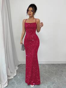 Elenzga Women's Elegant Banquet Glitter Spaghetti Strap Open Back Mermaid Dress, Christmas - Red - View 4
