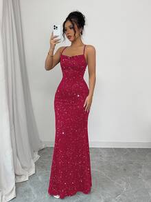 Elenzga Women's Elegant Banquet Glitter Spaghetti Strap Open Back Mermaid Dress, Christmas - Red - View 5