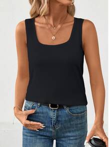 EMERY ROSE Summer Casual Solid Color Square Neck Tank Top - Black - View 6