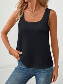 EMERY ROSE Summer Casual Solid Color Square Neck Tank Top - Black - View 7