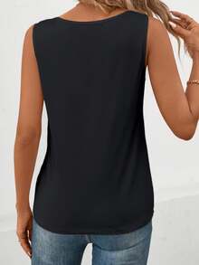 EMERY ROSE Summer Casual Solid Color Square Neck Tank Top - Black - View 2