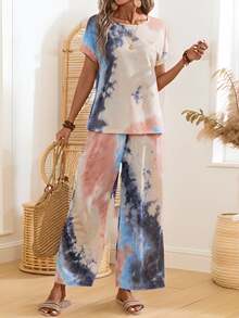 EMERY ROSE Women's Summer Tie-Dye Print Round Neck Short Sleeve Top And Pants Casual Set - Multicolor - View 6
