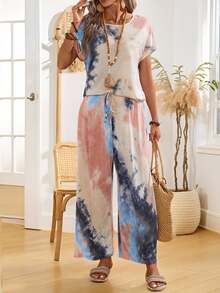 EMERY ROSE Women's Summer Tie-Dye Print Round Neck Short Sleeve Top And Pants Casual Set - Multicolor - View 3