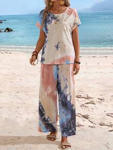 EMERY ROSE Women's Summer Tie-Dye Print Round Neck Short Sleeve Top And Pants Casual Set - Multicolor - View 5