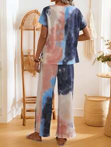 EMERY ROSE Women's Summer Tie-Dye Print Round Neck Short Sleeve Top And Pants Casual Set - Multicolor - View 2
