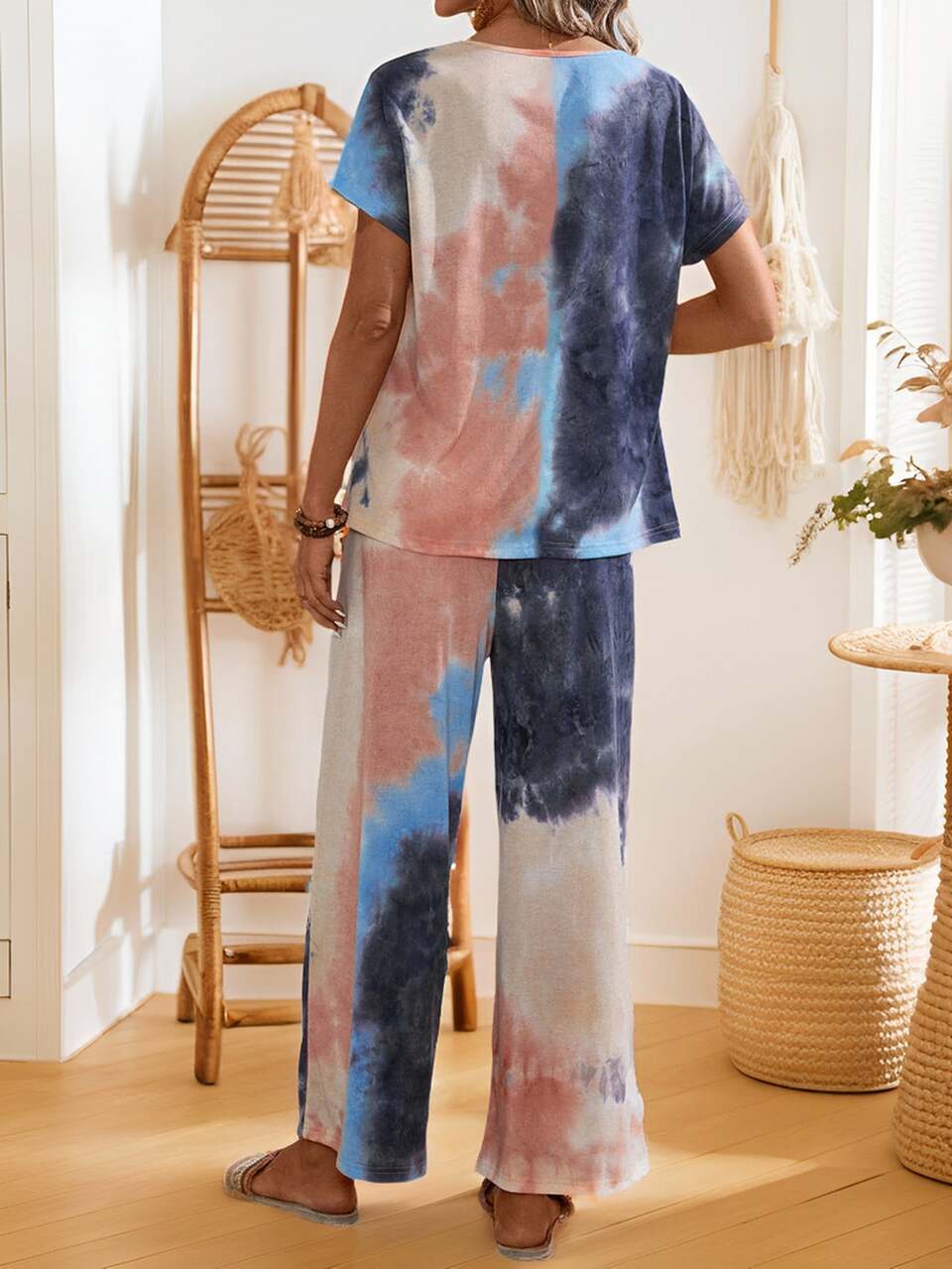 Women's Summer Tie-Dye Print Round Neck Short Sleeve Top And Pants Casual Set