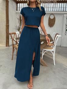 EMERY ROSE Women's Vacation Leisure Solid Crop Top And High Side Slit Skirt Set - Dusty Blue - View 5