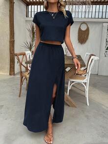 EMERY ROSE Women's Solid Color Cropped Top And Skirt 2 Pieces Vacation/Casual Set Navy Blue - Navy Blue - View 6