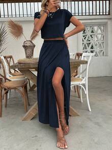 EMERY ROSE Women's Solid Color Cropped Top And Skirt 2 Pieces Vacation/Casual Set Navy Blue - Navy Blue - View 4